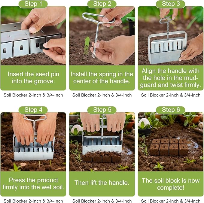 Soil Block Maker 6-Piece Set Includes 2-Inch 4-Cell And 3/4-Inch 20-Cell Soil Block Makers 3 Types Of Seed Pins Growth Tweezers Handheld Tools For Seed Starting In Greenhouse Garden And Farm Use
