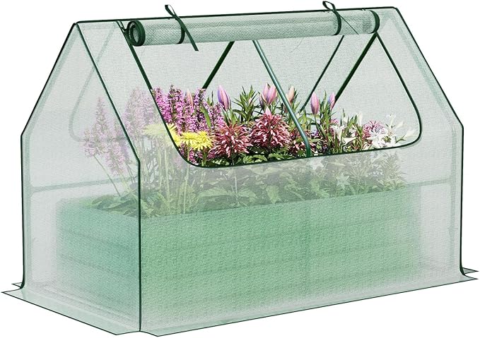 Aoodor Raised Garden Bed Kit 4x2x1 FT Galvanized Planter Box with PE Cover Screen Windows for Gardening White