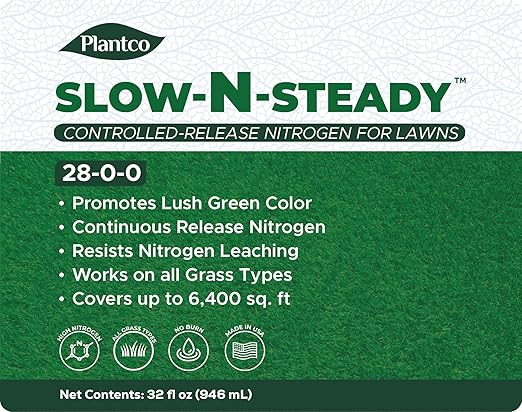 Slow-N-Steady Liquid Lawn Fertilizer | 28-0-0 High Nitrogen Slow Release Nitrogen (SRN) | Urea Triazone Sprayable Fertilizer | 32 fl oz Bottle | Steady Green-Up for Lawns| Made in The USA |