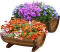 IDZO Solid Acacia Wood Half Barrel Planters Outdoor Set of 2 Different Sizes Wooden Planters for Outdoor Plants with Metal Bands &amp Drainage Holes Legs Included Brown