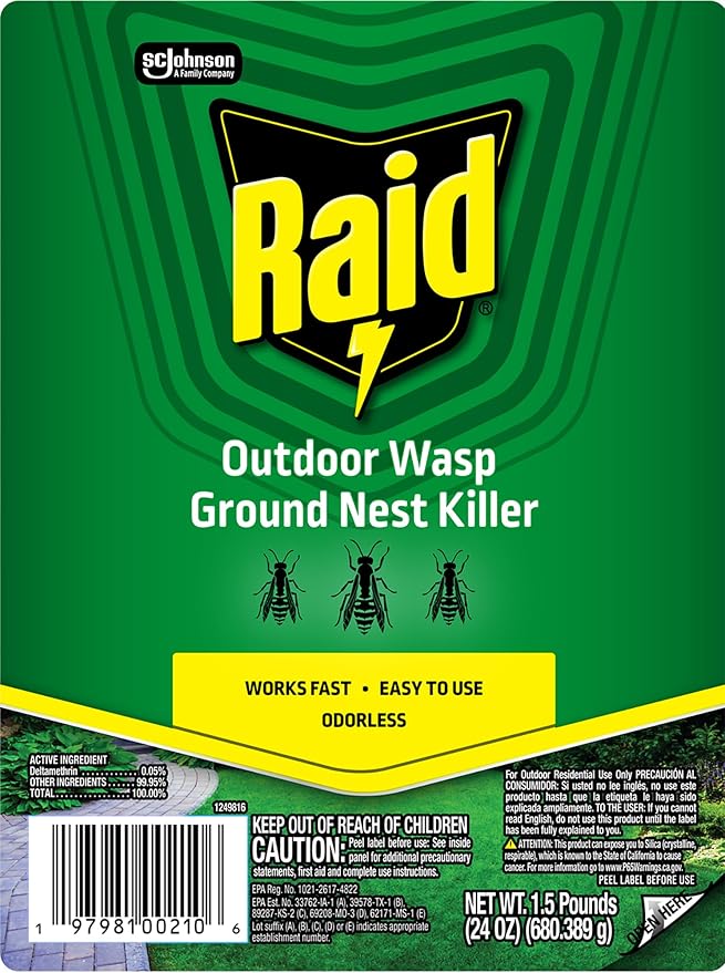 Raid Outdoor Wasp Ground Nest Killer Dust Insecticide for Outside Household Use on Wasps Fast-Working Easy-to-Use and Odorless 24 oz