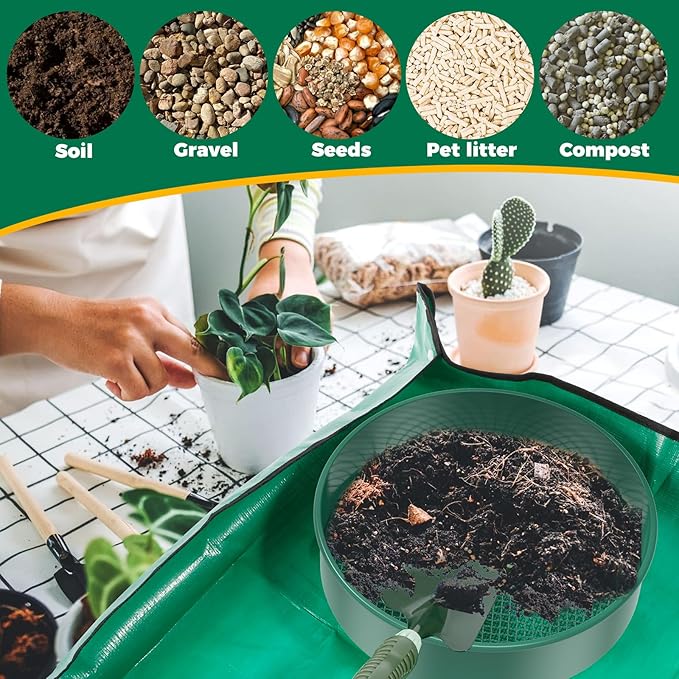 Soil Sifter for Gardening 12 Inch Dirt Garden Sieve Soil Sifter with 4 Replaceable Fine Screens and Shovel and Soil Replacement Pad Rock Sieve Sifter Soil Sieve Sifter Set Sifting Pan