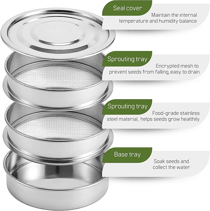 Stainless Steel Seed Sprouting Kit – Stainless Steel Sprouting Tray Round 3-Tier Seed Gardening Planter for Microgreens Broccoli Sprouts Growing Kit Microgreens Tray Germination