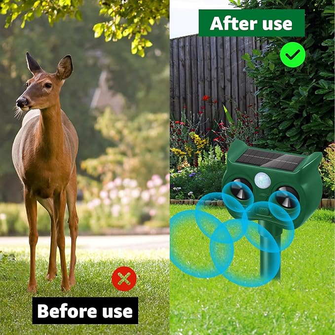 Solar Ultrasonic Animal Repellent Outdoor Motion Sensor Deer Repellent Devices Squirrel Cat Raccoon Deterrent with Strobe Light Dual Mode Keep Skunk Away Protection for Yard Garden Lawn 1Pack