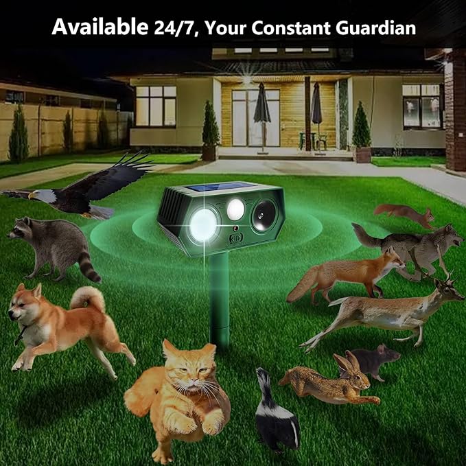 2025 Deer Repellent Devcies Solar Ultrasonic Animal Repellent Outdoor Waterproof Rabbit Repellent with PIR Motion Detection Flash Light for Dog Cat Bird Squirrel Skunk Raccoon for Yard (4 Pack)