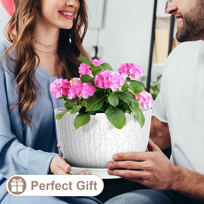 12 Inch Wide Water Ripples Flower Pots for Indoor or Outdoor Plants Large Plant Pots with Drainage Holes &amp Saucer Plastic Planters Set for Garden &amp Home Decor (White with Black Speckles)