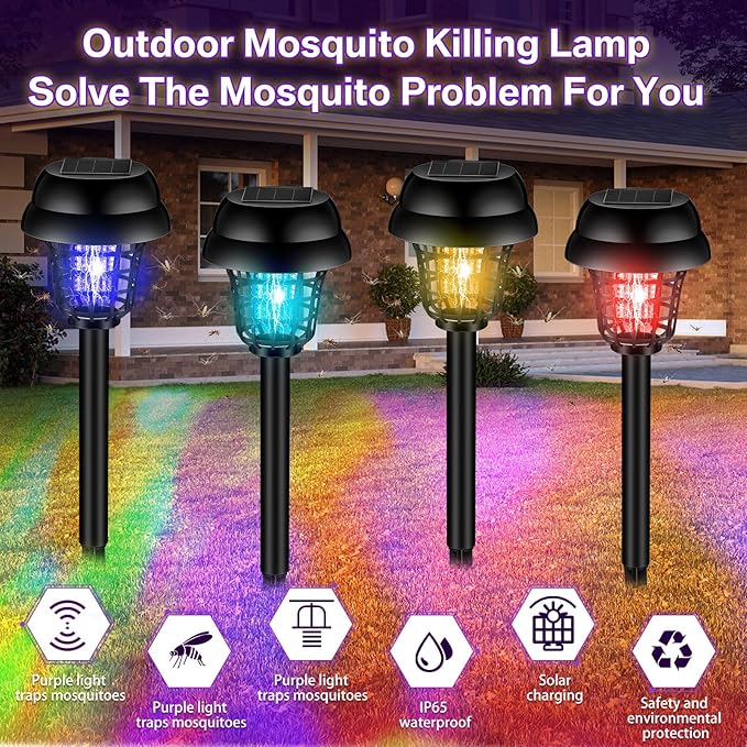 Qualirey 4 Pcs Solar Bug Zapper Waterproof Outdoor Mosquito Zapper Mosquito Killer and Lighting Repellent Lamp for Indoor Outdoor Use Garden Patio
