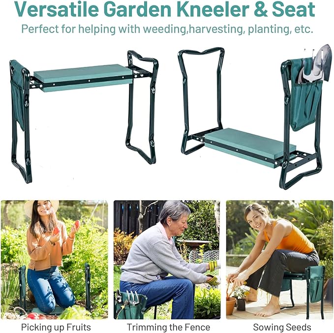 2-in-1 Garden Kneeler &amp Seat Folding Seat w/EVA Foam Kneeling Pad &amp Removable Tools Pouch Sturdy Steel Frame No Assembly Portable Heavy Duty Garden Stool for Women &amp Men