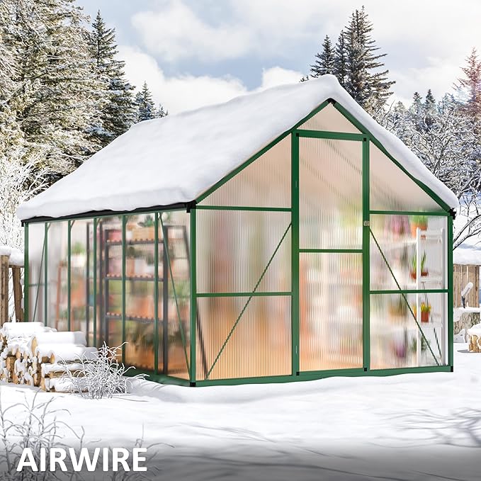 8x12 FT Greenhouse for Outdoors Quick Setup Polycarbonate Greenhouse with Roof Vent Aluminum Large Walk-in Green House for Outside Garden Backyard Green