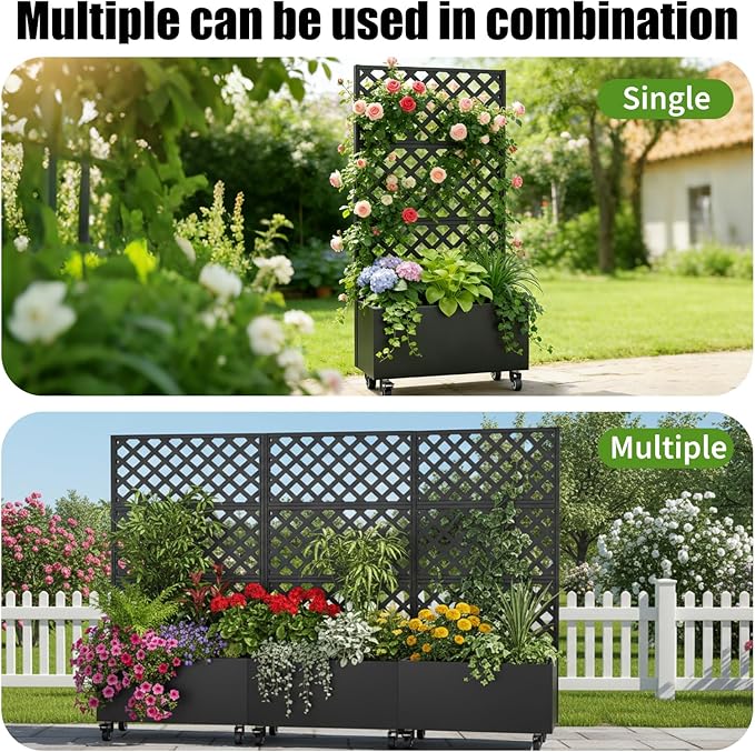 72 Planter Box with Trellis &amp Wheels Planter Boxes Outdoor with Drainage Hole for Climbing Plants Raised Planter with Privacy Screen Black