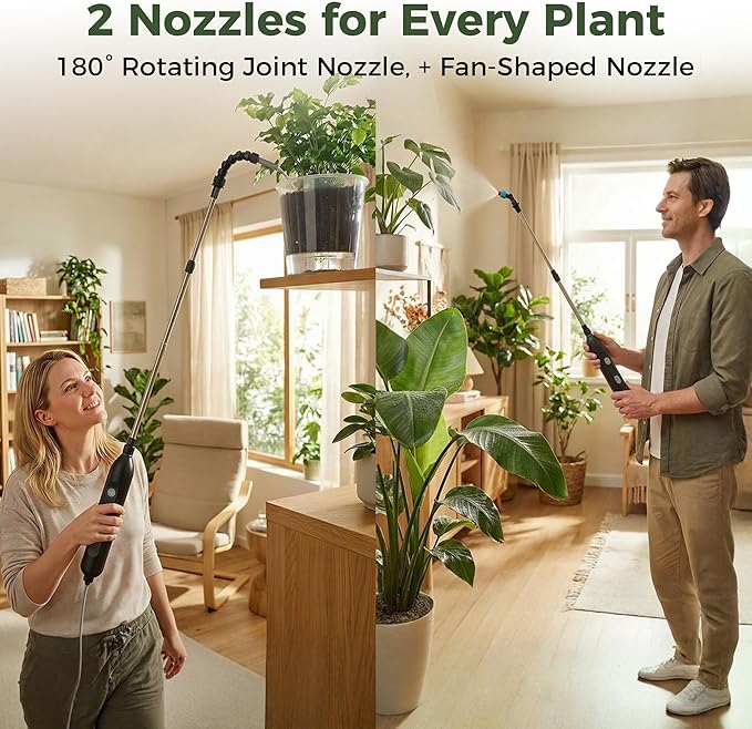 Rechargeable Cordless High Reach Plant Waterer - with Telescopic Wand Plant (25.6–33.4 in) Watering Can Hanging Plants Baskets 2 Adjustable Nozzles and 8.6ft Water Hose for Yard Lawn Weeds Plants