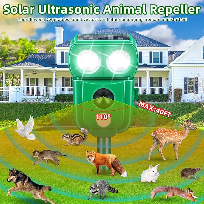 Solar Ultrasonic Animal Repellent Outdoor 4 Pack Cat Squirrel Rabbit Dog Deer Repellent Devices Skunk Coyote Raccoon Fox Deterrents Light Animal Repeller with Motion Sensor for Yard Garden (4 Green)