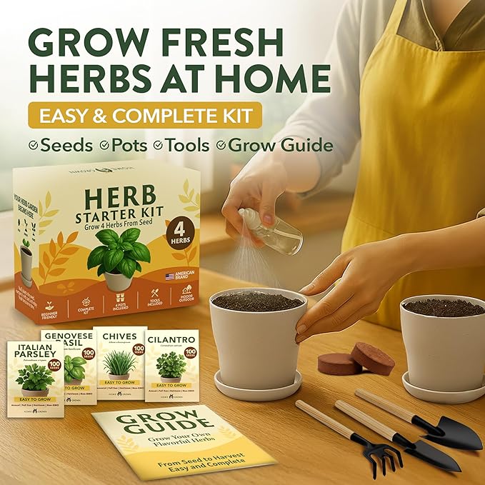 HOME GROWN Herb Garden Planter Indoor Kit – Unique Christmas Gift for Adults Men &amp Women - Grow 4 Heirloom Herb Seeds on Kitchen Window – Beginner DIY Craft &amp Hobby Gardening Gift for Plant