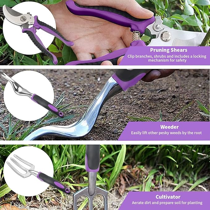 Covacure Gardening Tool Set - 11 Piece Aluminum Alloy Steel Hand Tool Starter Kit with Garden Bag Outdoor Tool Heavy Duty Gardening Work Set Gardening Gifts for Women and Men