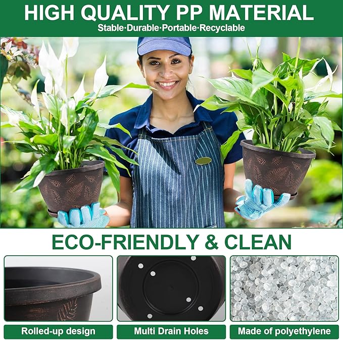 11 inch Plant Pot 3 Pack Large Pots for Plants Flower Pots with Drainage Hole &amp Saucer Modern Planters for Indoor Outdoor Plants Decorative Plastic Garden Pots (Copper)