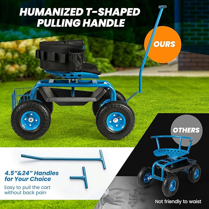 Garden Cart on Wheels 360° Swivel Rolling Outdoor Workseat with Washable Cushion &amp Dual Handles Height Adjustable Garden Stool for Patio Yard (Blue)