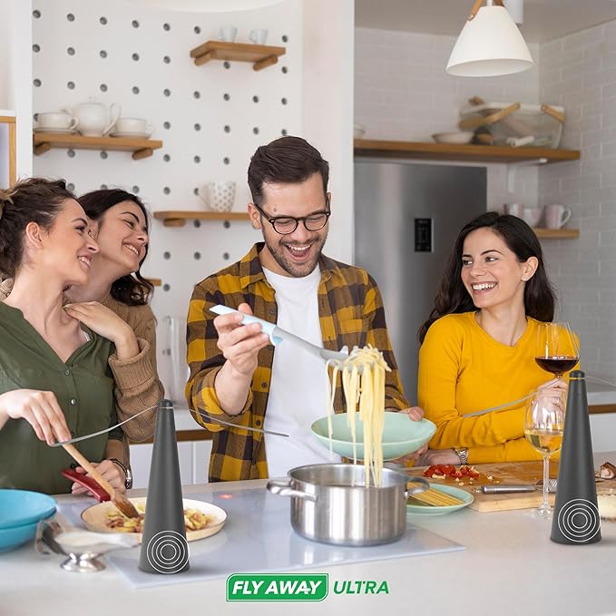 Fly Away Ultra - 2 Pack Rechargeable Outdoor Fly Fans for Tables with Ultrasound Outdoor or Indoor Tabletop use Restaurant Barbeque Events Deter Flies Wasps Bees Moscas and Bugs Hanging Hook.