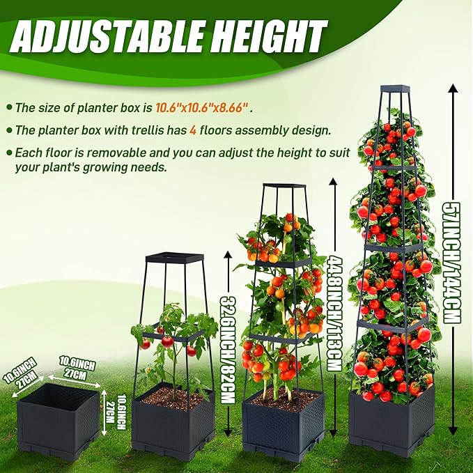 2 Packs Raised Garden Bed Tomato Planter Box with Trellis56.8 Self-Watering Tomato Cage with Trapezoidal Trellis for Climbing Plants Flowers Vegetables Vine in Patio Garden Indoor Outdoor