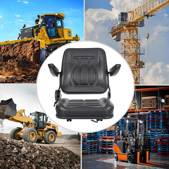 Universal Tractor Seat Forklift Lawn Mower Seat w/Armrests &amp Adjustable Backrest 30 ° -180 ° for Mowers Dozers Aerial Lifts Floor Scrubbers (Black)
