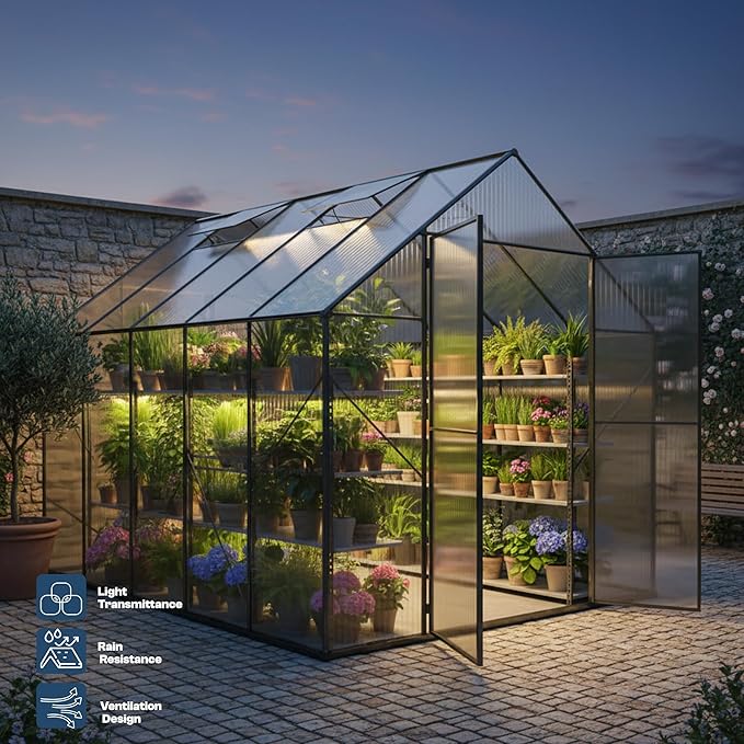 Kingdura 8x10ft Walk-in Greenhouse for Outdoors Large Polycarbonate Greenhouses with Heavy Duty Aluminum Frame Adjustable Roof Vent Lockable Door UV Protection for Outside Garden Backyard