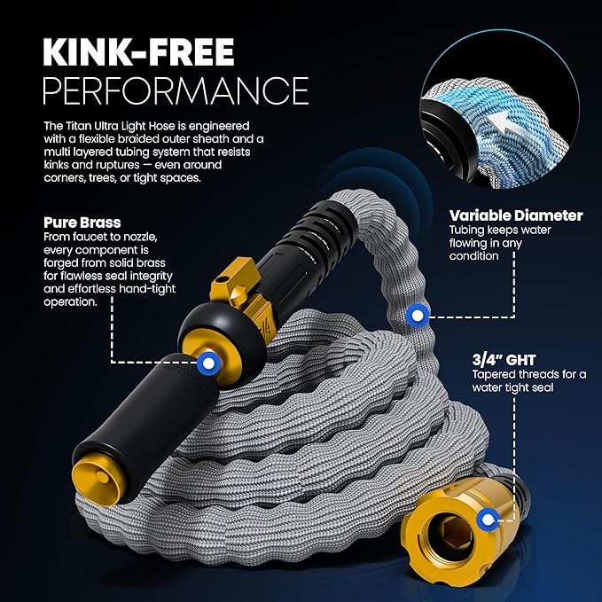 TITAN Flexible Garden Hose 20FT – Ultra Lightweight Heavy Duty Water Hose with Brass Fittings &amp Jet Nozzle – Kink-Free Non-Expanding Durable Fabric Hose for Yard Lawn Car Wash Outdoor Use