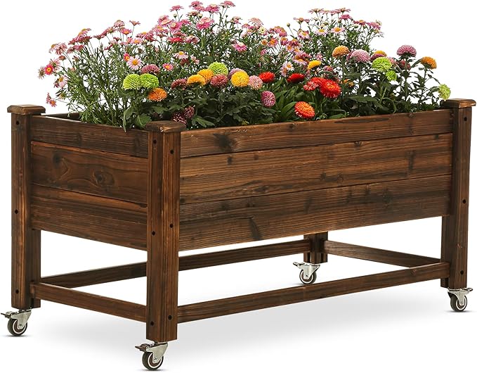 Raised Garden Bed 41x21x20-inch Mobile Elevated Wood Planter Lockable Wheels Outdoor Wood Elevated Planter Box Kit Customized for Children（Brown）