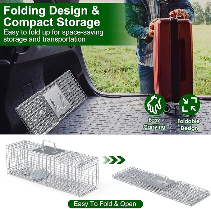 Live Animal Trap Cage 27 Heavy-Duty Folding Catch and Release Steel Humane Cat Trap for Racoons Stray Cats Rabbits Beavers Hedgehogs Chipmunk Small Wildlife Control