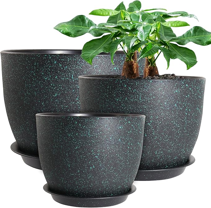12/10/9 Large Modern Plant Pots Plastic Planters with Drainage Holes and Saucers for Indoor Outdoor Plants Flowers Black with Green Speckles