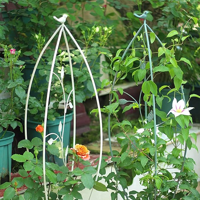 Garden Bird Obelisk Trellis for Climbing Plants Vintage Flower Support Iron Metal Tomatoes Vegetables Flowers Vines (Green)