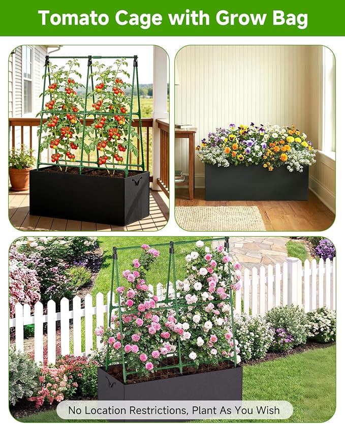 Cucumber Trellis with for Climbing Plants A-Shape Garden Trellis with Grow Bags Metal Plant Trellis with Garden Netting for Vegetables Flowers Fruits
