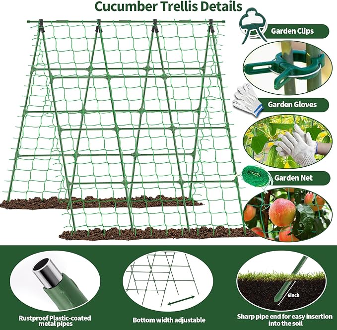 A-Frame Cucumber Trellis for Raised Bed - 63”H x 47”W Heavy-Duty Detachable Garden Trellis with Netting &amp Clips Support for Climbing Outdoor Cucumber Tomatoes Luffa Bitter Melon Vining Flowe