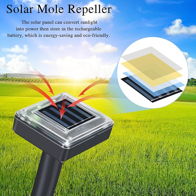 Solar Mole Repellent Ultrasonic Powered Outdoor Sound Wave Deterrent for Lawn Garden Snakes Moles Gophers Groundhogs Voles and Other Burrowing Mice(6 PiecesLarge)