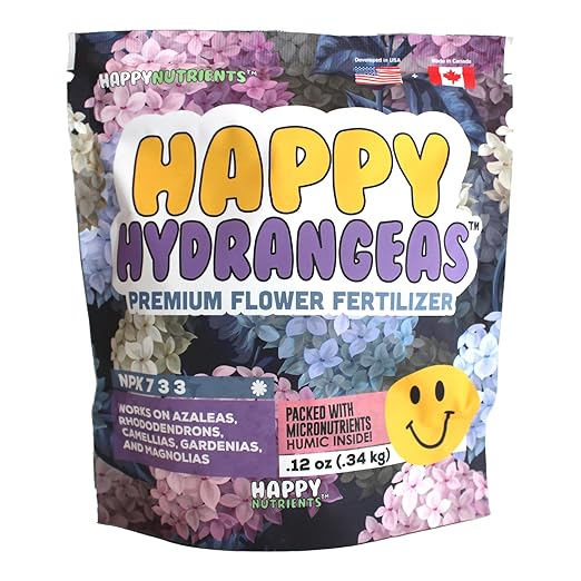 Happy Hydrangeas Fertilizer by Happy Nutrients - Premium 7-3-3 Powder with Micronutrients &amp Humic - Ideal for Hydrangeas Azaleas Rhododendrons Camellias Gardenias and Magnolias - 12 oz