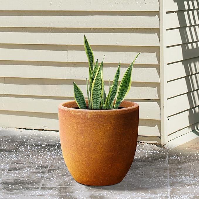 Kante 13.4 Dia Round Concrete Planter Large Outdoor Modern Indoor Decorative Plant Pots with Drainage Hole and Rubber Plug for Home and Garden Iron Oxide