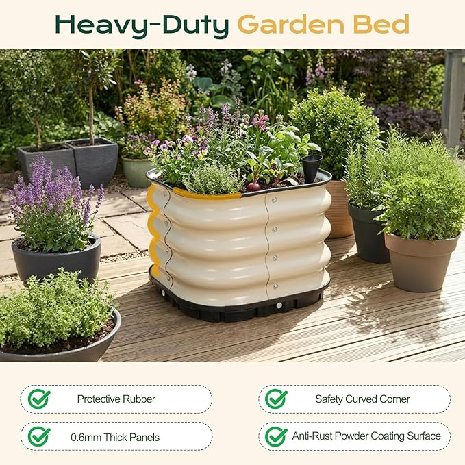 Aoodor Galvanized Raised Garden Bed 16.5'' Self-Watering Planter Box with Drainage Plug and Water Reservoir for Indoor &amp Outdoor Gardening Self-Watering Pot for Balcony Patio Backyard Beige
