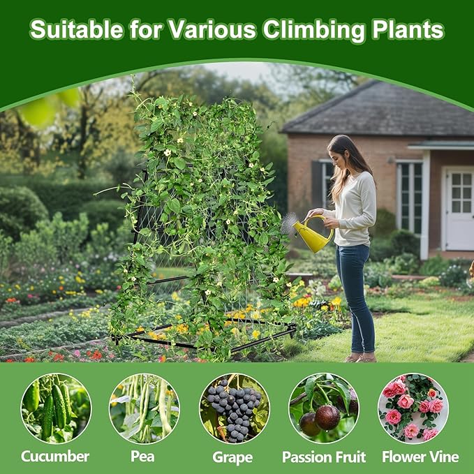 unho Garden Trellis for Climbing Plants with Tough Nylon Netting 6ft Tall Sturdy Rustproof Metal Plant Support Tower for Vegetable Fruit Vine Cucumber Garden LightweightOutdoor