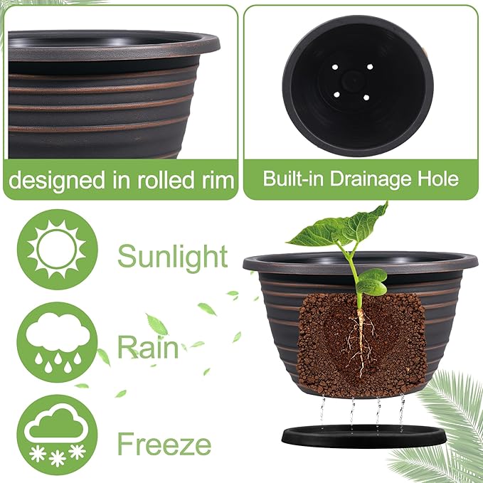 12 Inch Plastic-Flower Pot-for-Indoor Plants 3 Pack Large Planters for Outdoor Plants with Drainage Holes &amp Saucers Retro Antique Imitation Decorative Garden Pots Planters