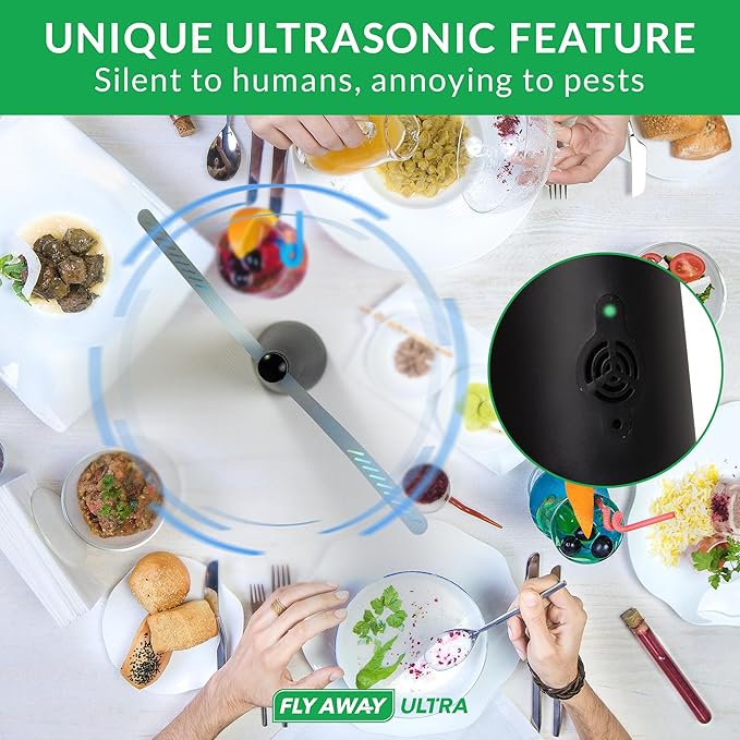 Fly Away Ultra - 2 Pack Rechargeable Outdoor Fly Fans for Tables with Ultrasound Outdoor or Indoor Tabletop use Restaurant Barbeque Events Deter Flies Wasps Bees Moscas and Bugs Hanging Hook.
