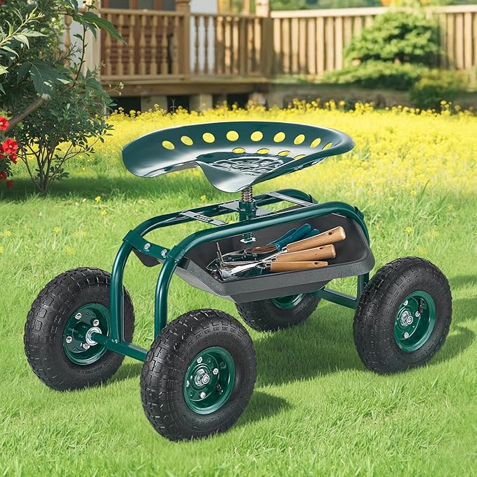 VEVOR Rolling Garden Cart with Swivel Seat Heavy Duty Garden Seat with Storage Basket &amp Tool Tray 300 lbs Weight Capacity Outdoor Utility Gardening Stool Scooter for Lawn Yard Planting Weeding