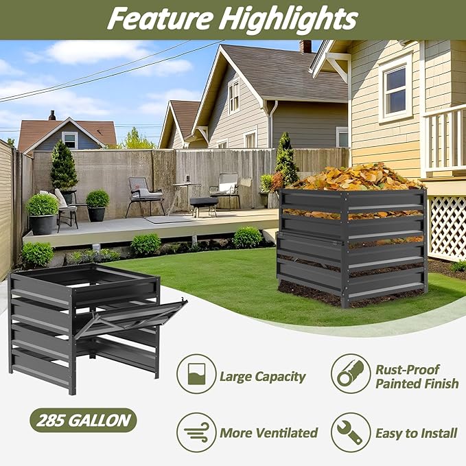 Compost Bin Outdoor - 285 Gallon Composter with Rust-Proof Coating Painted Finish Large Compost Bin for Producing Fertilizer from Kitchen Waste and Fallen Leaves（Metal）