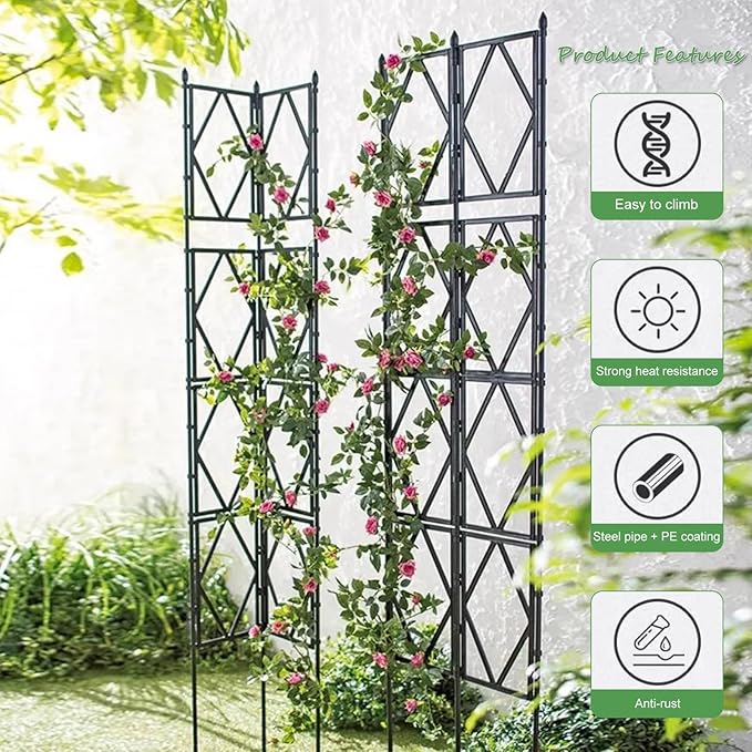Garden Trellis for Climbing Plants Black Metal Flower Rose Stand Plant Support Frame Folding Outdoor Screen Trellis(60CMx90CM(2FTx3FT))