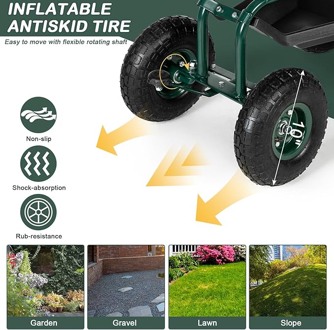Steel Frame Garden Seat Cart with 360° Swivel Seat – 29.5x17.7x18.5 Adjustable Yard Cart with Tool Tray Pneumatic Tires &amp 330 lbs Capacity