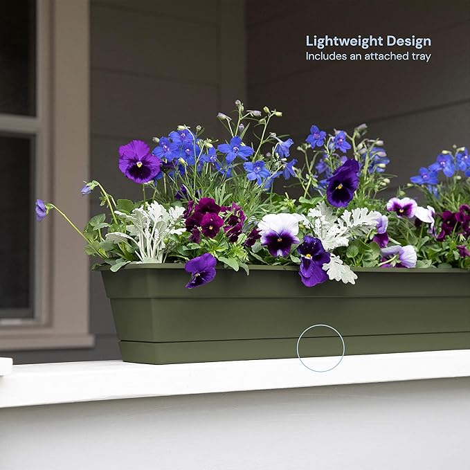 Bloem Dura Cotta Window Box Planter: 24 - Living Green - with Tray Weatherproof Resin Box Removable Tray for Indoor &amp Outdoor Use Gardening 3 Gallon Capacity