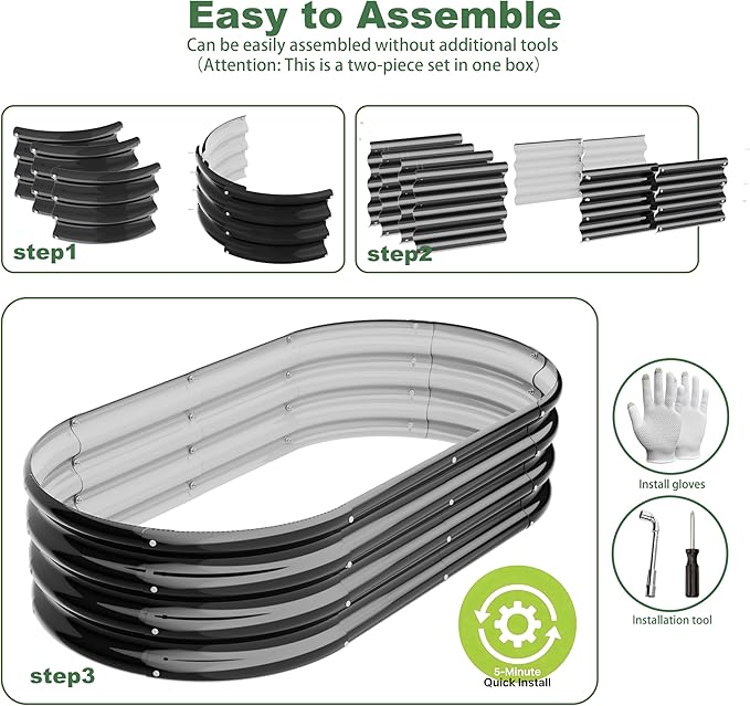 4x2x1ft-2pcs-Oval Raised Garden Bed Kit Galvanized Planter Garden Boxes Outdoor Metal Raised Garden Beds for VegetablesFruits FlowerBlack