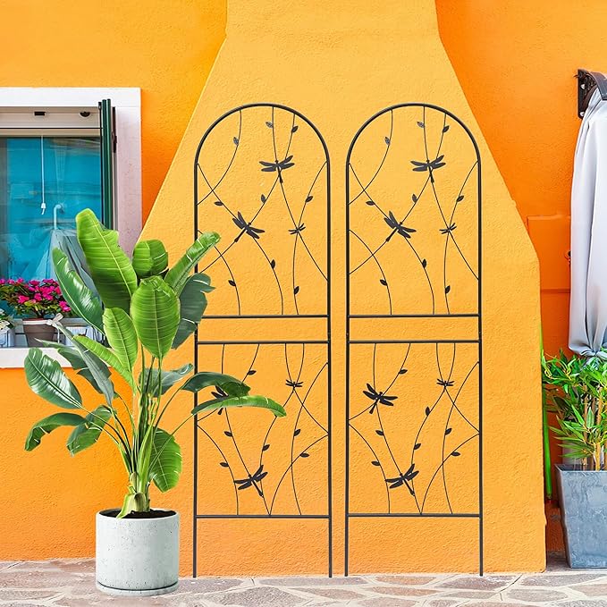 2/4 Pack Metal Garden Trellis for Climbing Plants Outdoor Flower Support Black with Dragonfly Deco Plant Support for Garden Patio Practical(2 Pack-H71'')