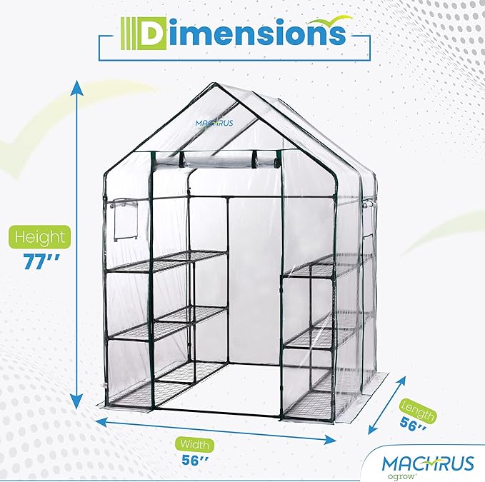 Machrus Ogrow Deluxe Walk-in Greenhouse with 3 Tiers and 12 Shelves - Clear Cover
