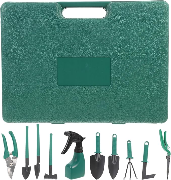Veemoon 10pcs Metal Garden Tool Set with Rake Shovel Branch Pruner and Carrying Case for Planting and Landscaping Outdoor Gardening Supplies