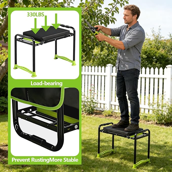Garden Kneeler and Seat Heavy Duty Gardening Stool with 1.8 Thick Detachable Kneeling Pad Foldable Bench Chair with Tool Pouch and Bag for Knee &amp Back Pain Relief for Women Men Seniors (Green