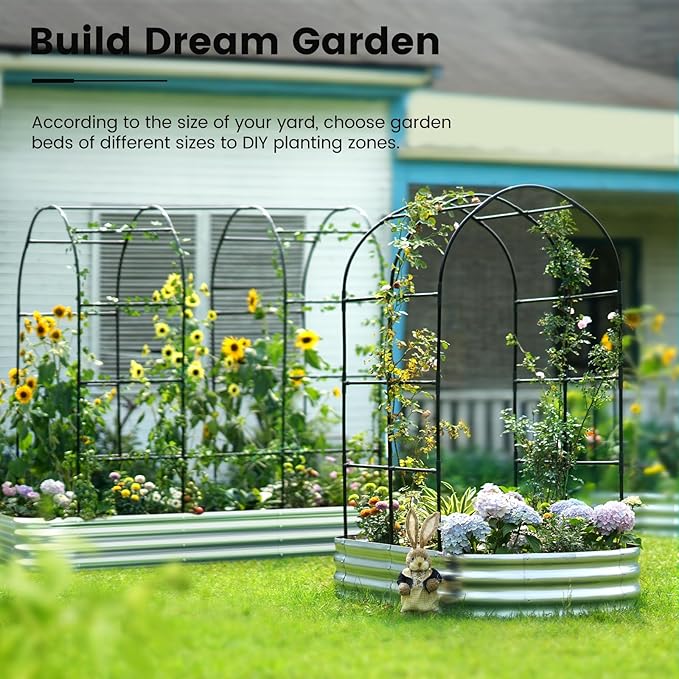 KING BIRD Raised Garden Bed with Arched Trellis Galvanized Planter Garden Box Outdoor for Gardening Climbing Vegetables Flowers 7.87x3.94x0.98 Ft Silver