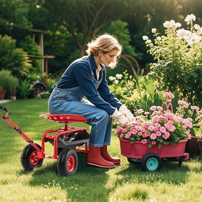 Garden Seat with Wheels Rolling Stool with Extendable Handle Storage Basket &amp Tool Tray Garden Scooter with 360 Degree Swivel Seat for Outdoor &amp Yard (Red)